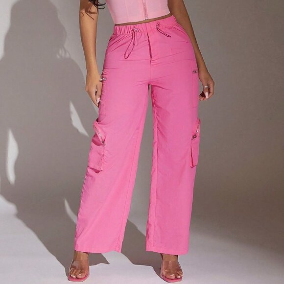 . Pants - Hot Pink Casual Womens Zipper Patch Pocket Side Pants